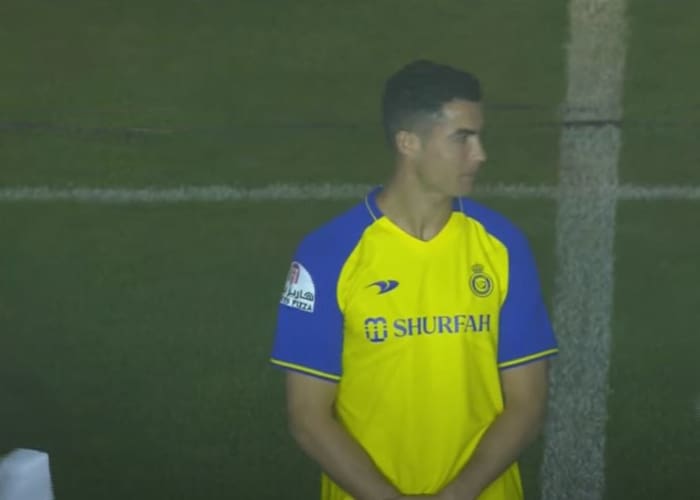 Cristiano Ronaldo pictured at his Al Nassr unveiling ceremony in January 2023